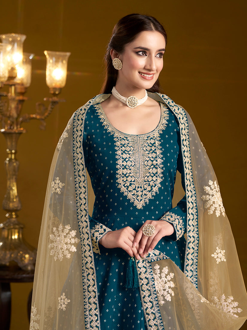 Monjolika Fashion Teal-Blue Color Embroidered Santoon Chanderi Silk Salwar Suit | Grocsy