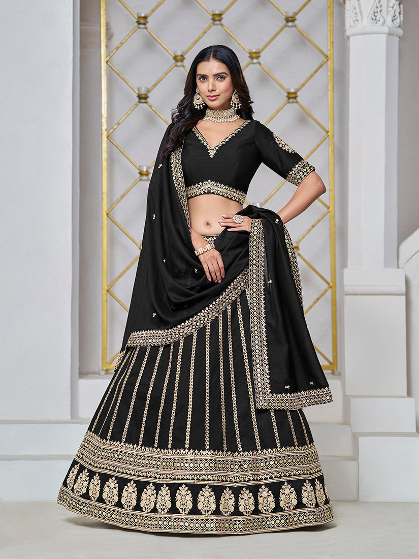 Monjolika Fashion Embroidered Art Silk Trendy Lehenga Choli In Black | Grocsy
