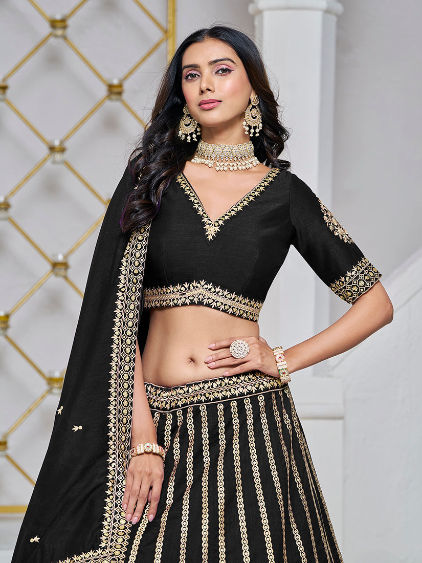 Monjolika Fashion Embroidered Art Silk Trendy Lehenga Choli In Black | Grocsy