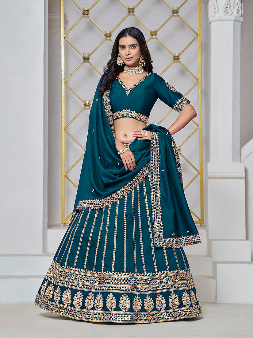 Monjolika Fashion Embroidered Art Silk Trendy Lehenga Choli In Teal | Grocsy