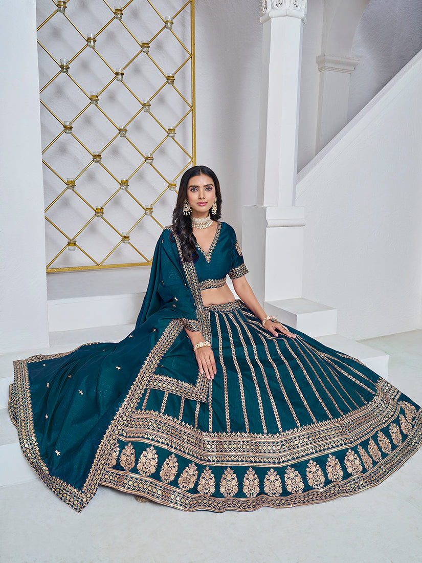Monjolika Fashion Embroidered Art Silk Trendy Lehenga Choli In Teal | Grocsy