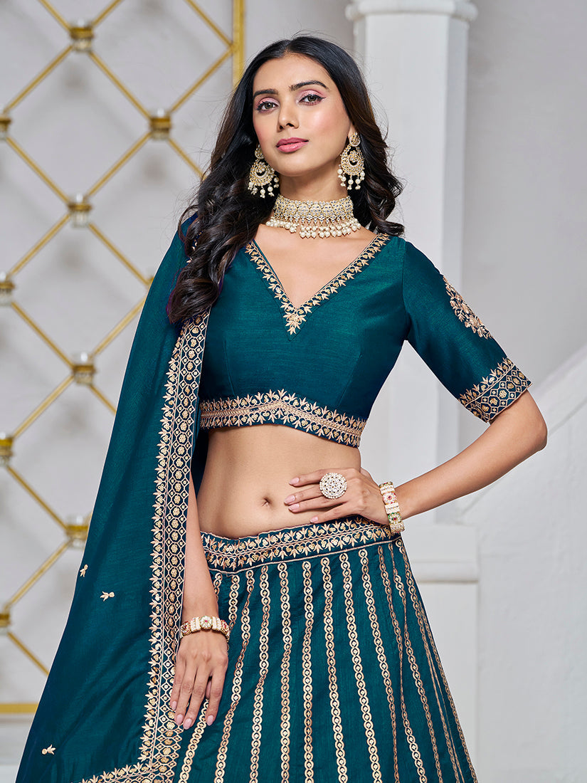 Monjolika Fashion Embroidered Art Silk Trendy Lehenga Choli In Teal | Grocsy