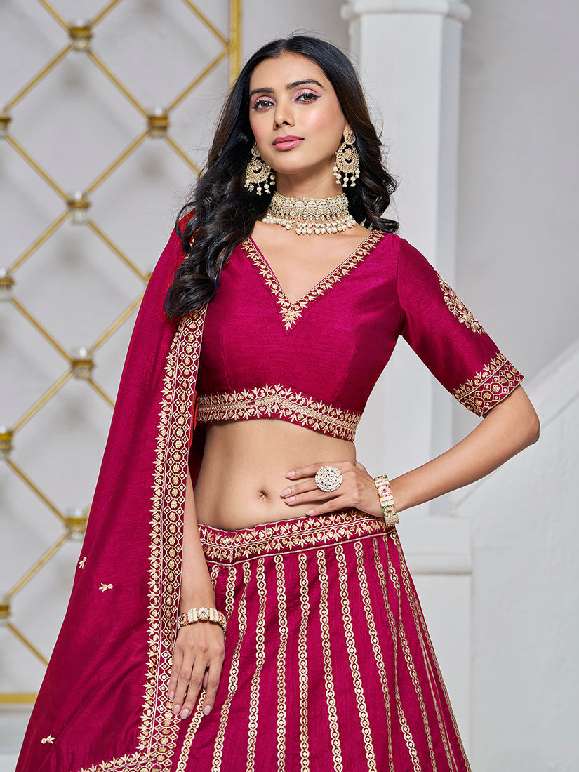 Monjolika Fashion Embroidered Art Silk Trendy Lehenga Choli In Rani Pink | Grocsy