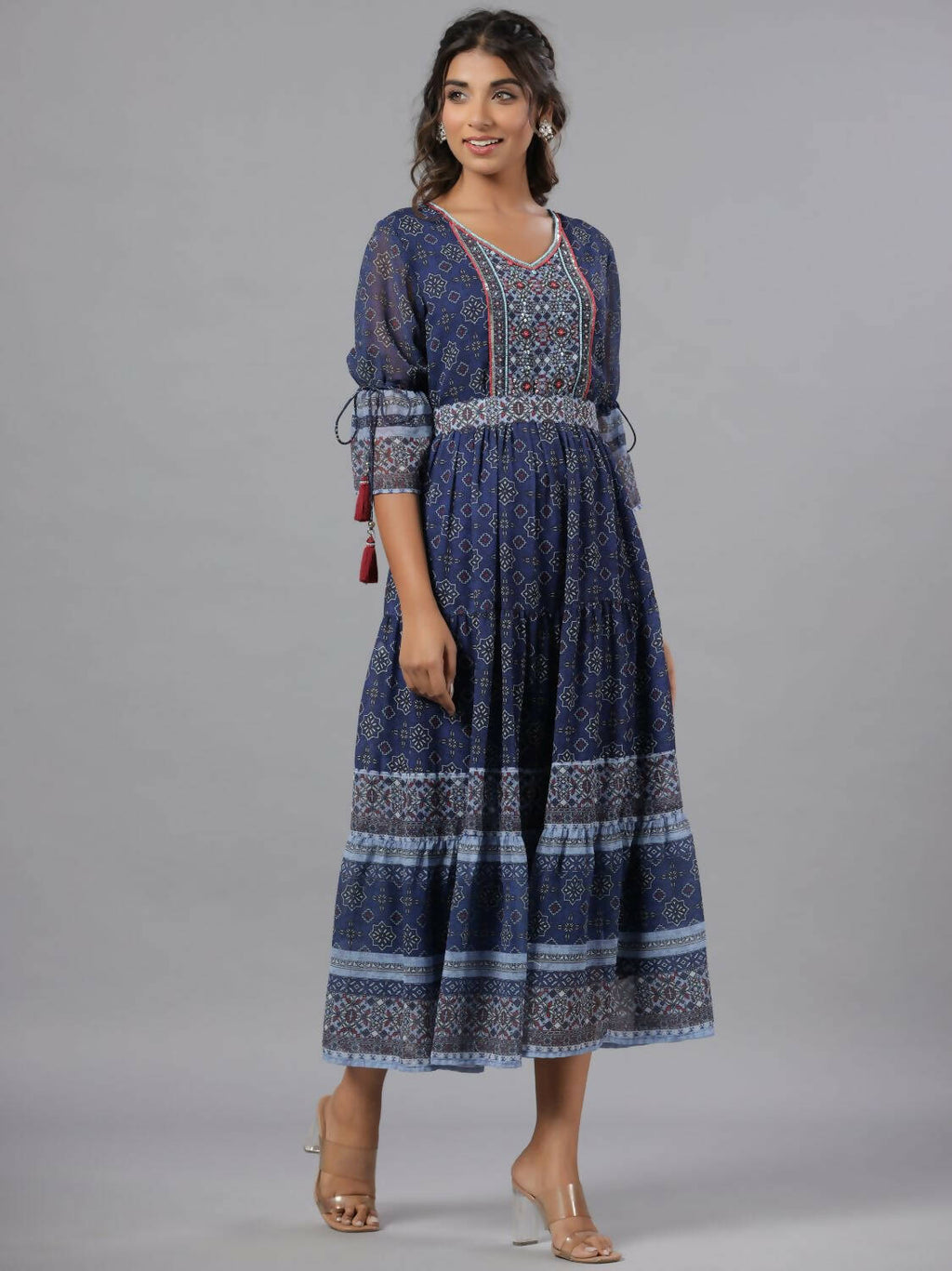 Juniper Women Navy Blue Georgette Geometric Printed Tiered Maxi Dress | Grocsy