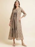 Brown Cotton Solid Flared Dress with Printed Shrug - Yukti | Grocsy