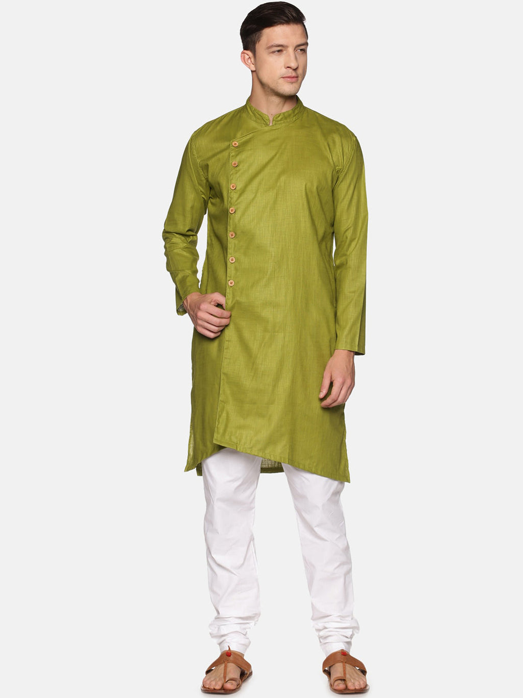 Sethukrishna Men Green Angrakha Pure Cotton Kurta with Pyjamas | Grocsy