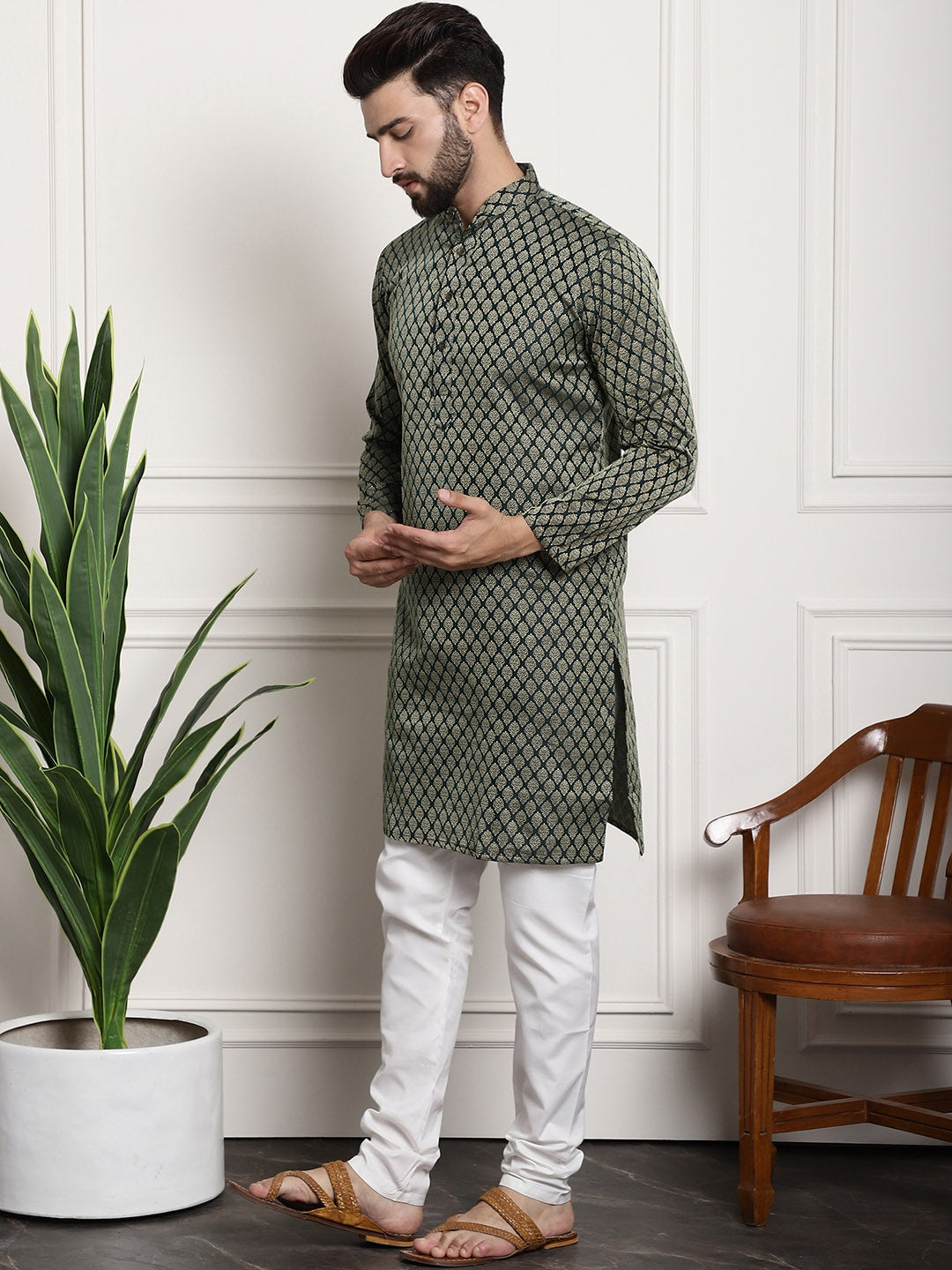 Sojanya Men Green & Off-White Woven Design Kurta with Churidar | Grocsy