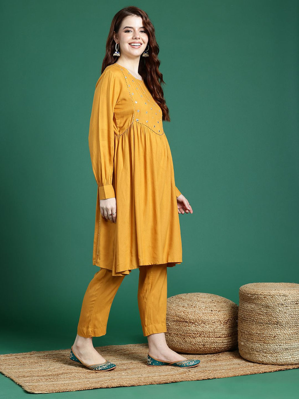 Sangria Mirror Work Embroidered Regular Gotta Patti A-Line Kurta With Trousers & Dupatta | Grocsy