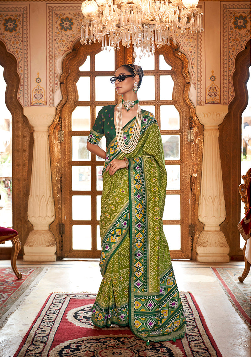 Monjolika Fashion Light Olive Green Patola Print Festival Contemporary Saree | Grocsy