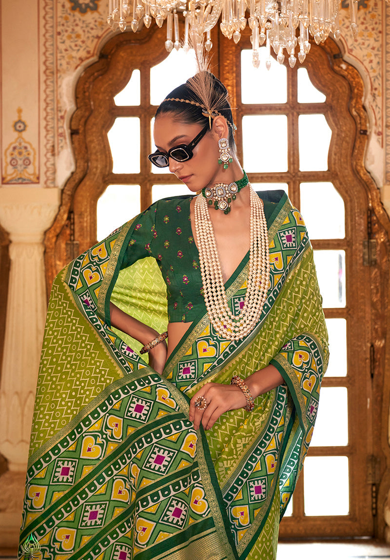 Monjolika Fashion Light Olive Green Patola Print Festival Contemporary Saree | Grocsy