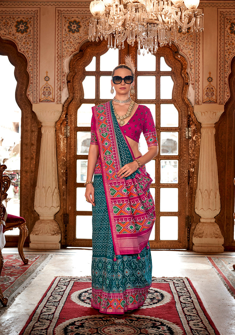 Monjolika Fashion Teal Patola Print Festival Contemporary Saree | Grocsy