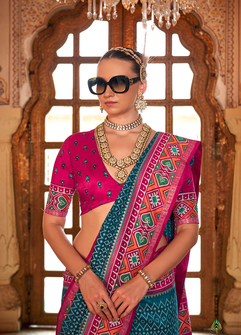 Monjolika Fashion Teal Patola Print Festival Contemporary Saree | Grocsy