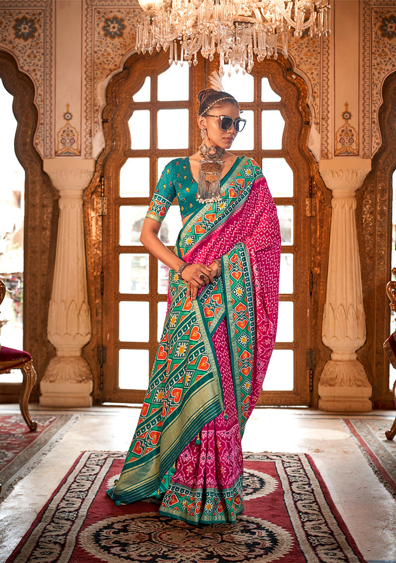 Monjolika Fashion Rani Pink Patola Print Festival Contemporary Saree | Grocsy
