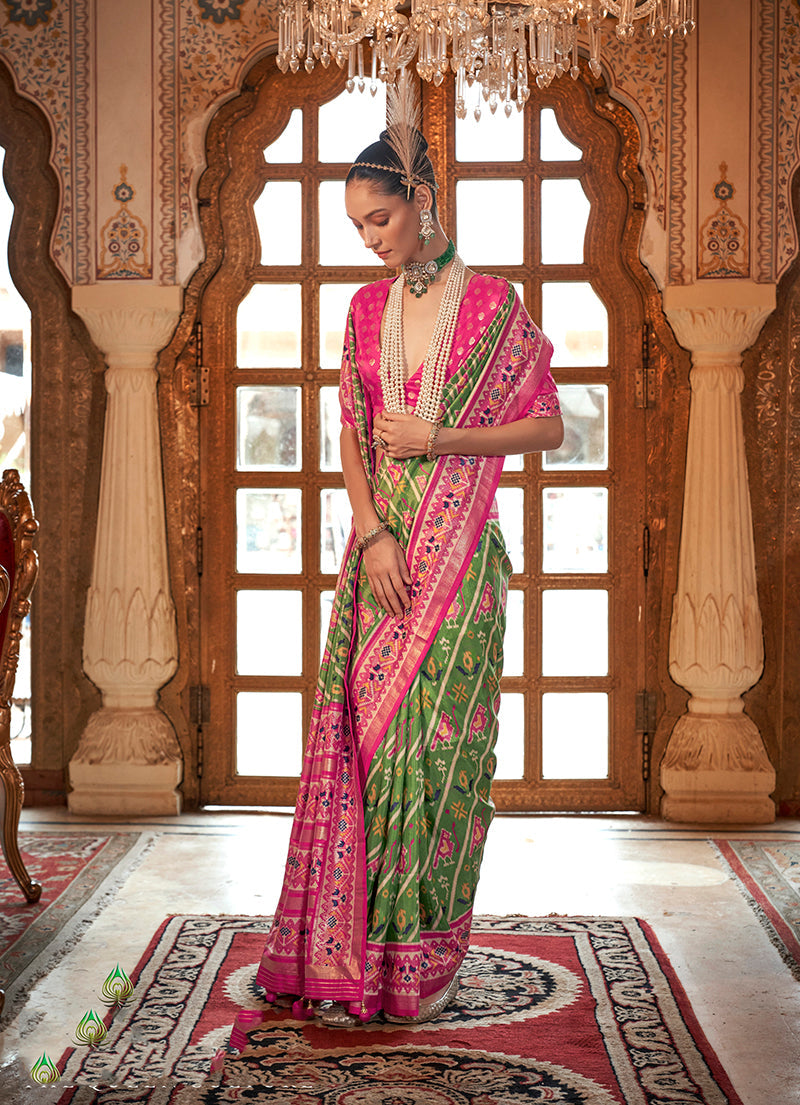 Monjolika Fashion Light Green Patola Print Festival Contemporary Saree | Grocsy