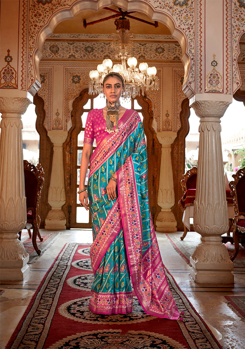 Monjolika Fashion Aqua Blue Patola Print Festival Contemporary Saree | Grocsy