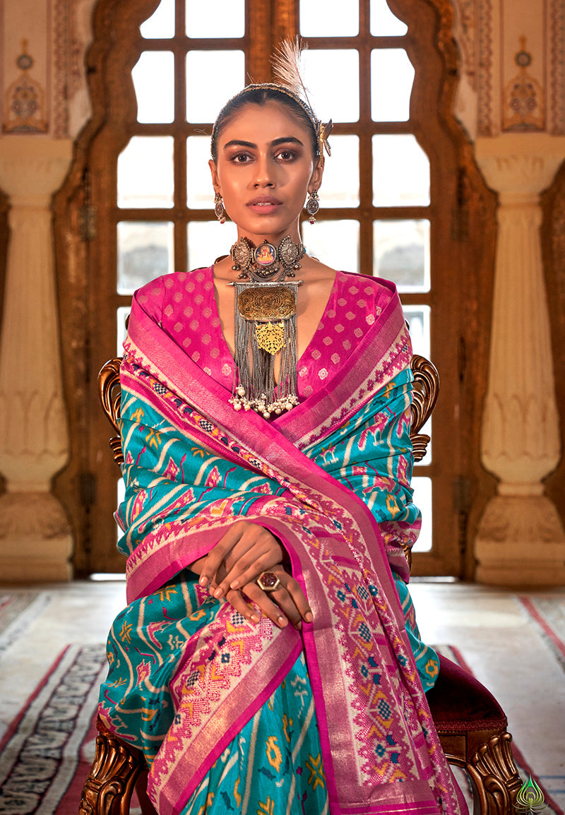 Monjolika Fashion Aqua Blue Patola Print Festival Contemporary Saree | Grocsy