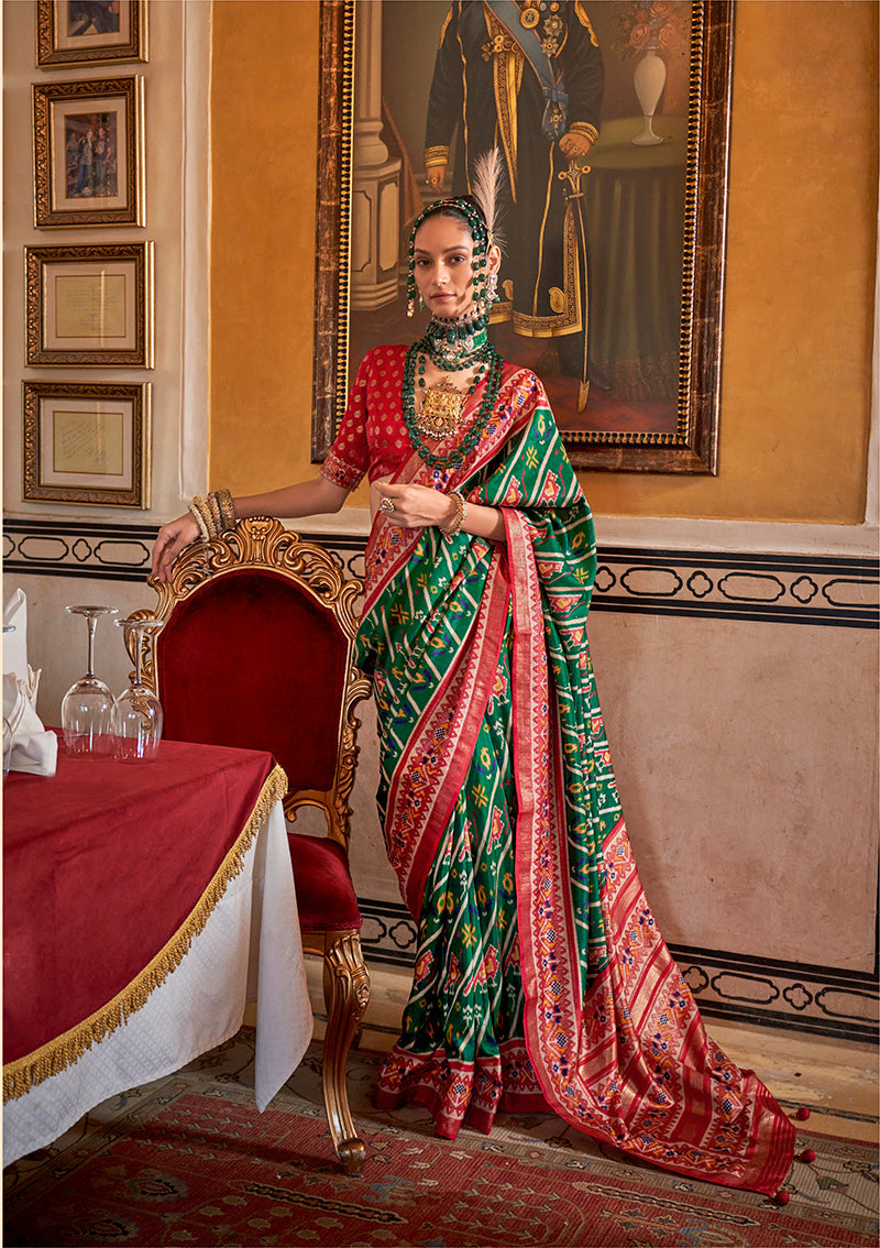 Monjolika Fashion Green Patola Print Festival Contemporary Saree | Grocsy