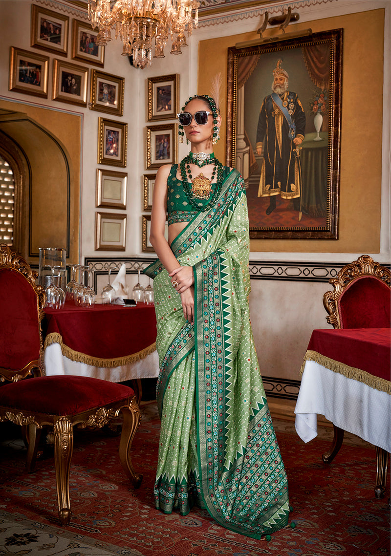 Monjolika Fashion Silk Light Green With Dark Green Border Printed Classic Saree | Grocsy