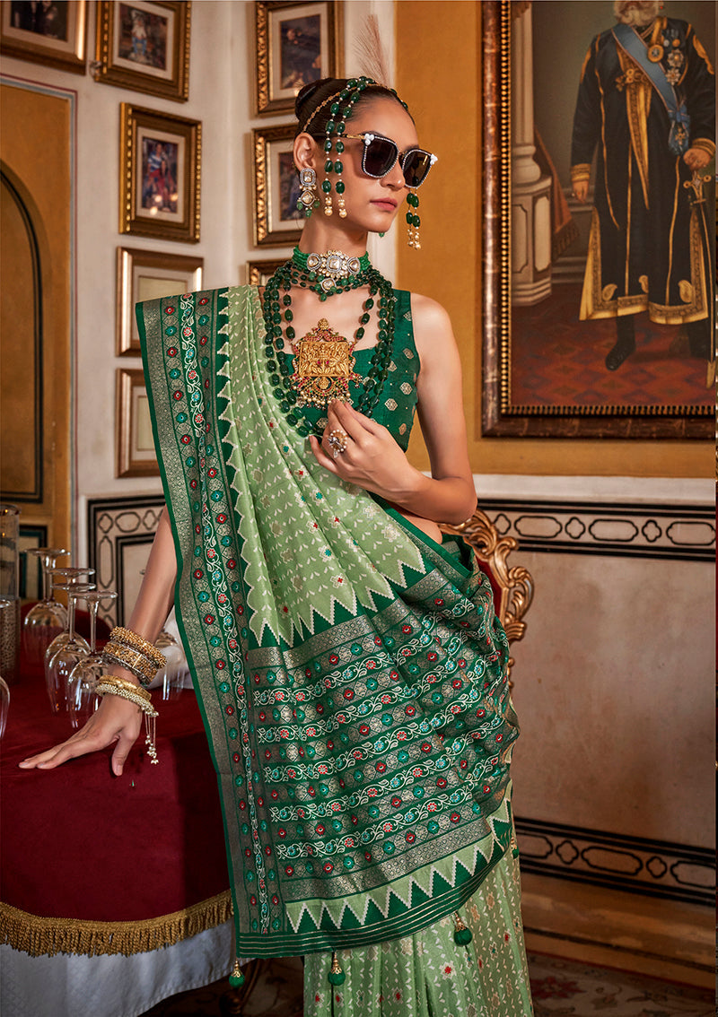Monjolika Fashion Silk Light Green With Dark Green Border Printed Classic Saree | Grocsy