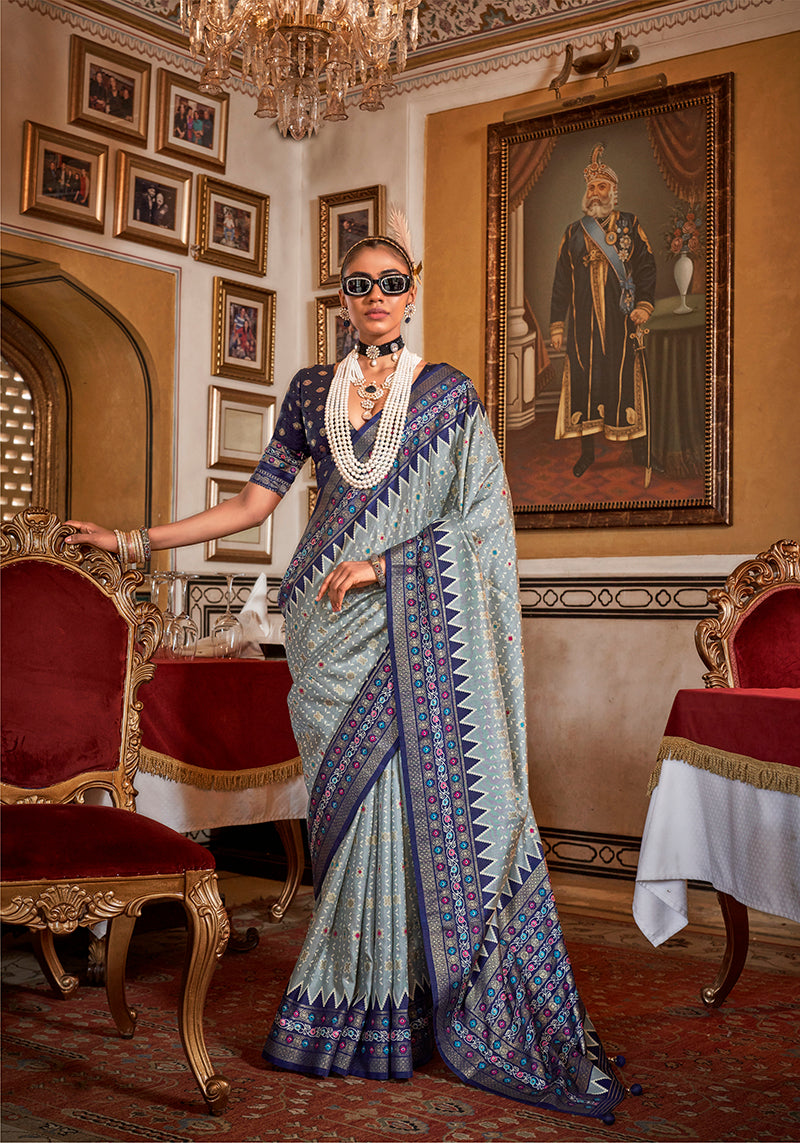 Monjolika Fashion Silk Light Grey With Navy Blue Border Printed Classic Saree | Grocsy