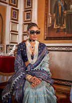 Monjolika Fashion Silk Light Grey With Navy Blue Border Printed Classic Saree | Grocsy