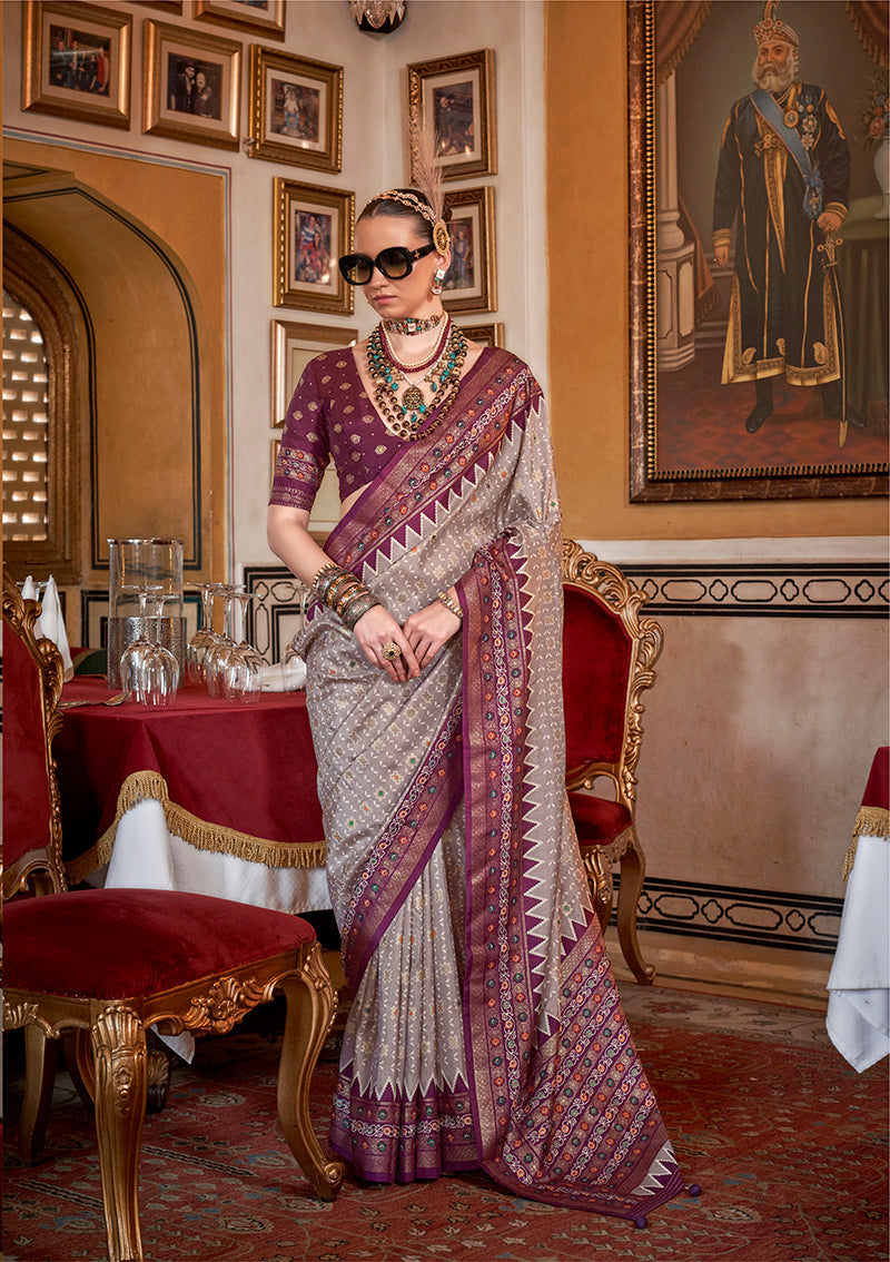 Monjolika Fashion Silk Grey With Wine Border Printed Classic Saree | Grocsy