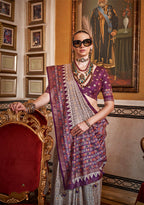 Monjolika Fashion Silk Grey With Wine Border Printed Classic Saree | Grocsy