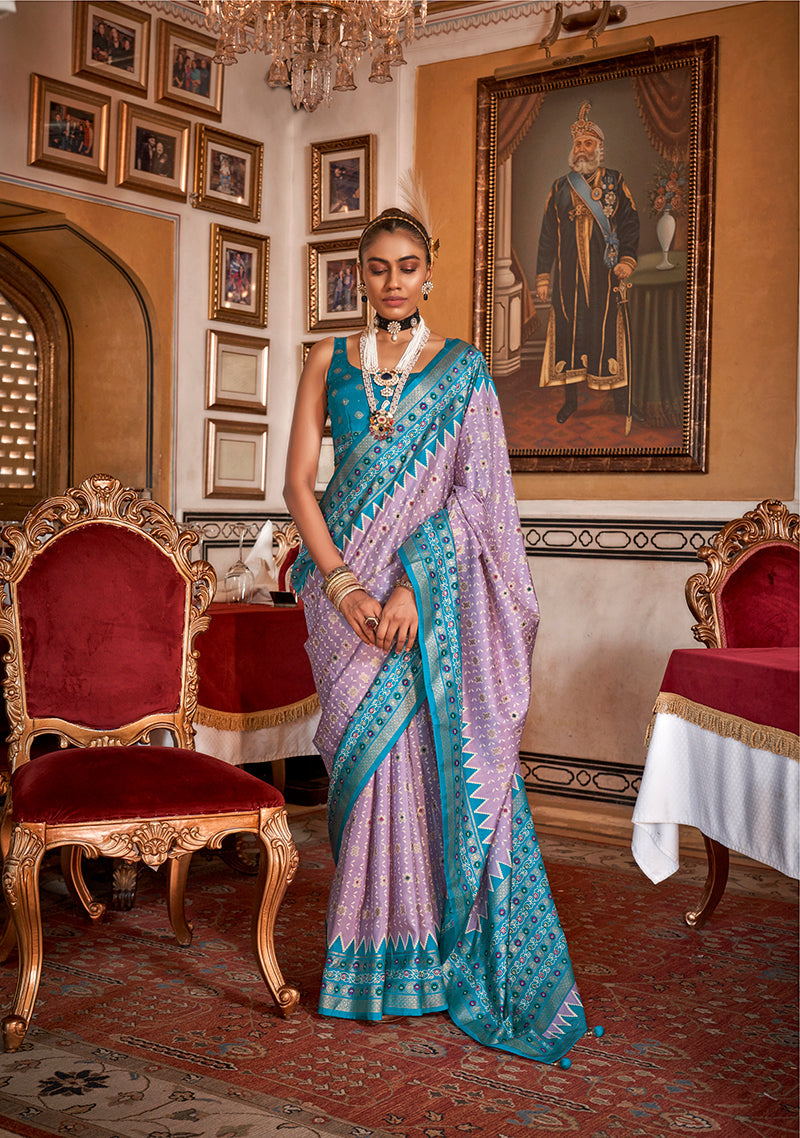 Monjolika Fashion Silk Lavender With Aqua Blue Border Printed Classic Saree | Grocsy