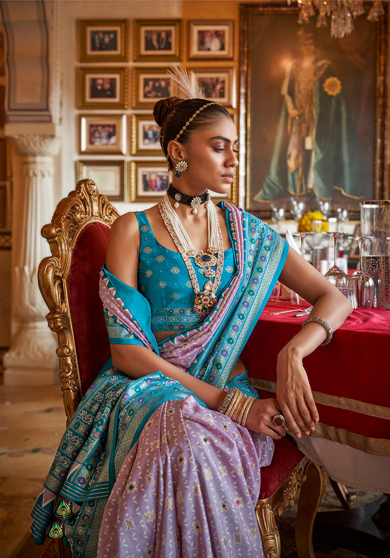 Monjolika Fashion Silk Lavender With Aqua Blue Border Printed Classic Saree | Grocsy
