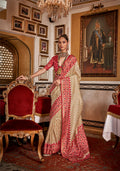 Monjolika Fashion Silk Cream With Red Border Printed Classic Saree | Grocsy