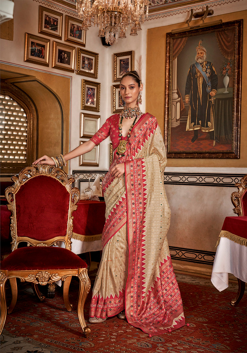 Monjolika Fashion Silk Cream With Red Border Printed Classic Saree | Grocsy
