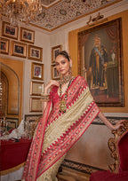 Monjolika Fashion Silk Cream With Red Border Printed Classic Saree | Grocsy