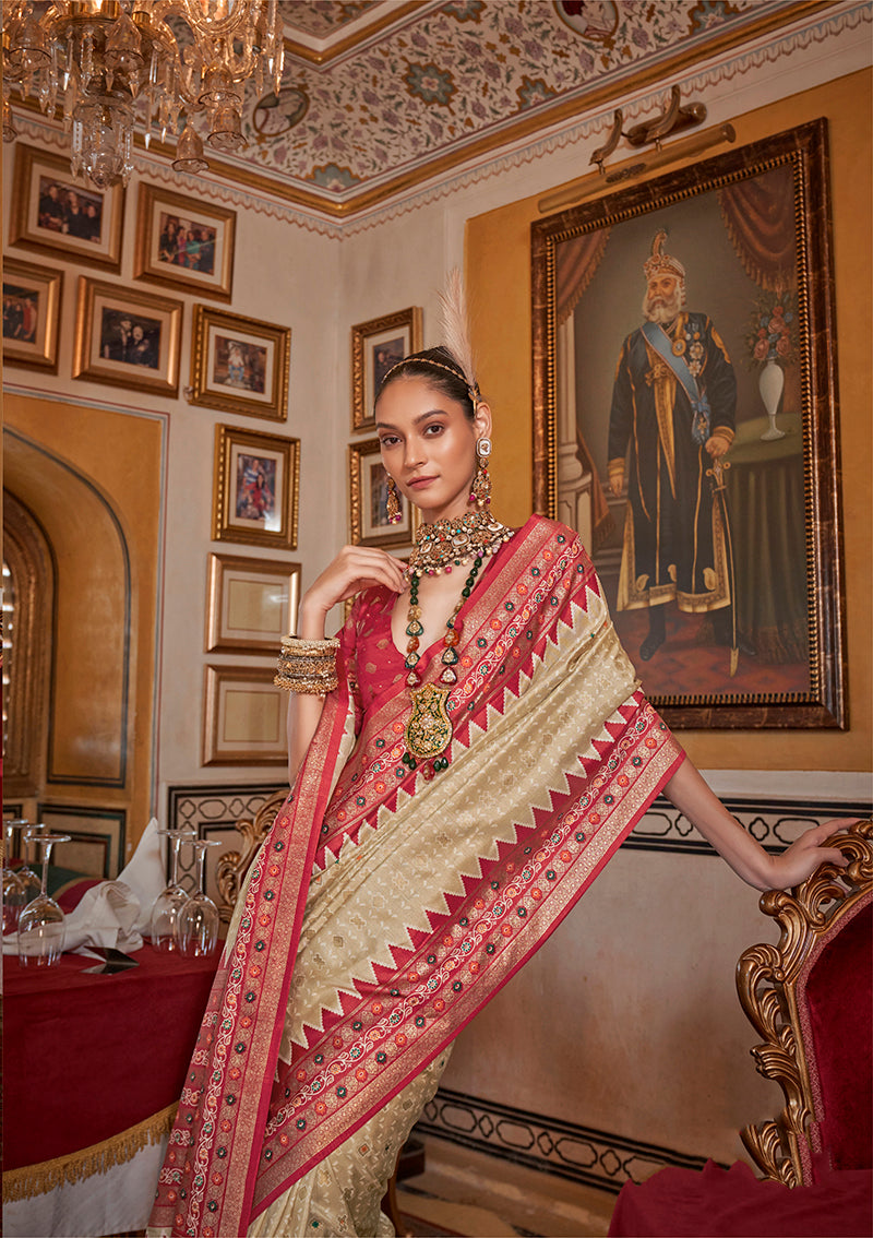 Monjolika Fashion Silk Cream With Red Border Printed Classic Saree | Grocsy