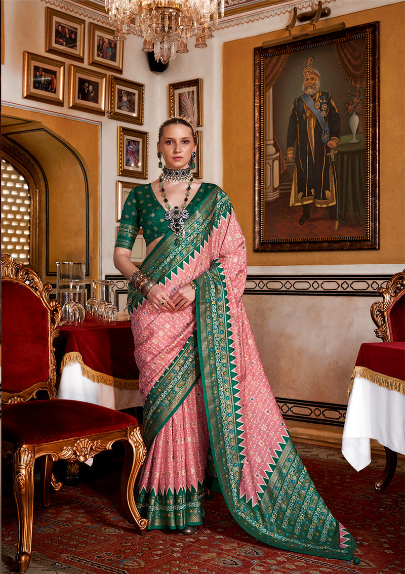 Monjolika Fashion Silk Light Pink With Green Border Printed Classic Saree | Grocsy