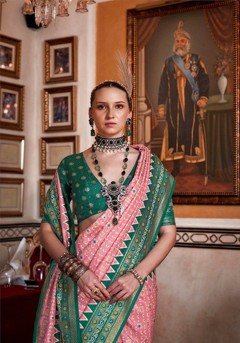 Monjolika Fashion Silk Light Pink With Green Border Printed Classic Saree | Grocsy