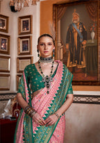 Monjolika Fashion Silk Light Pink With Green Border Printed Classic Saree | Grocsy