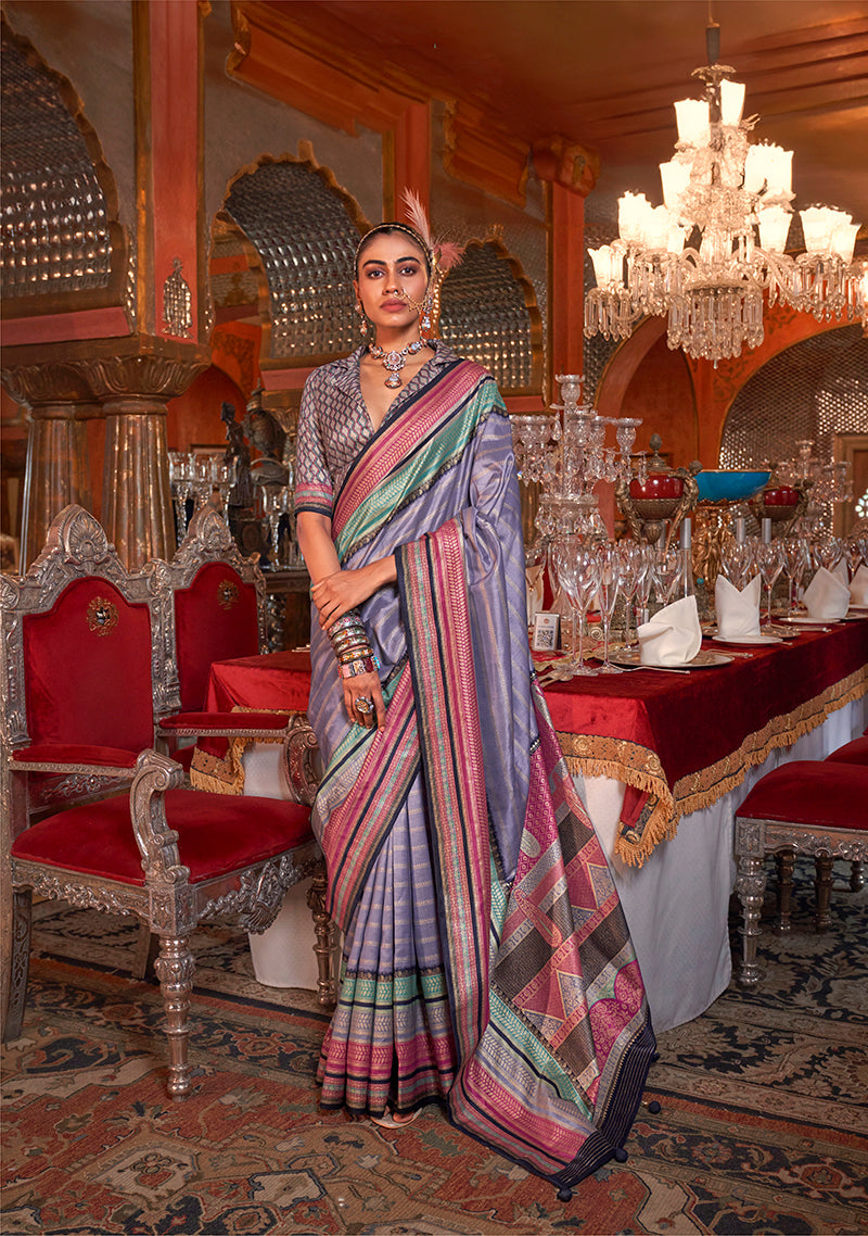 Monjolika Fashion Silk Weaving Zari Lavender Traditional Saree | Grocsy