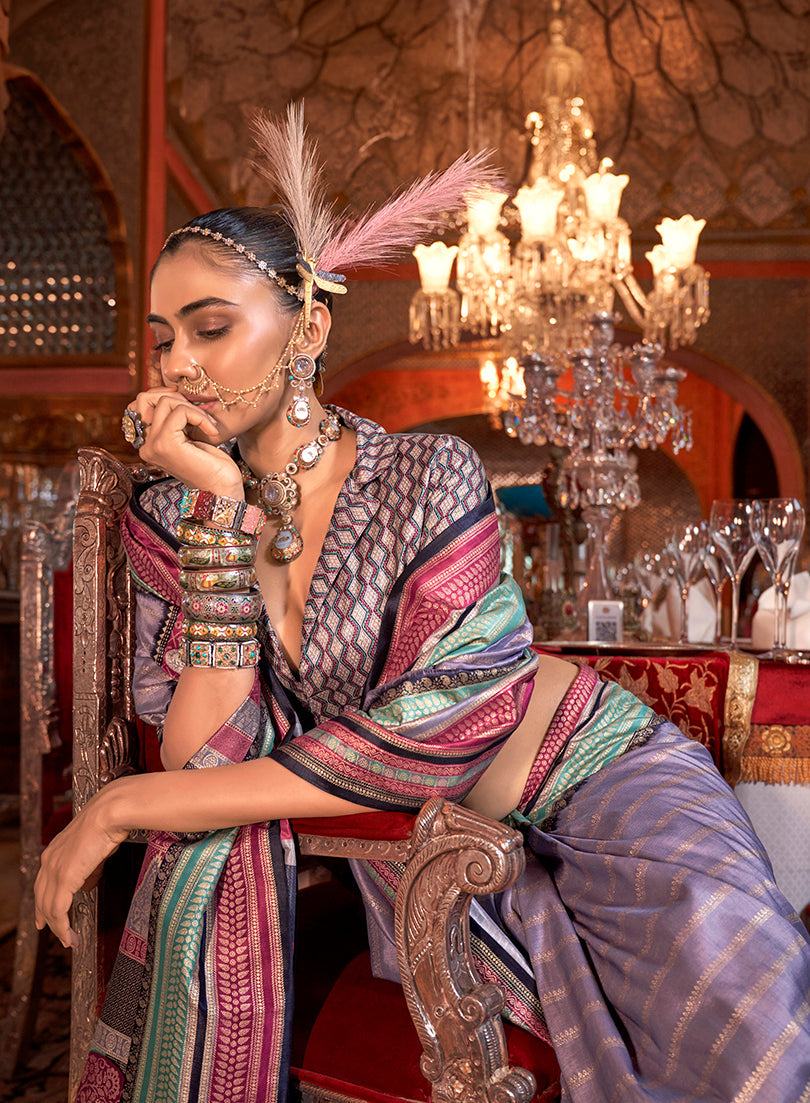 Monjolika Fashion Silk Weaving Zari Lavender Traditional Saree | Grocsy