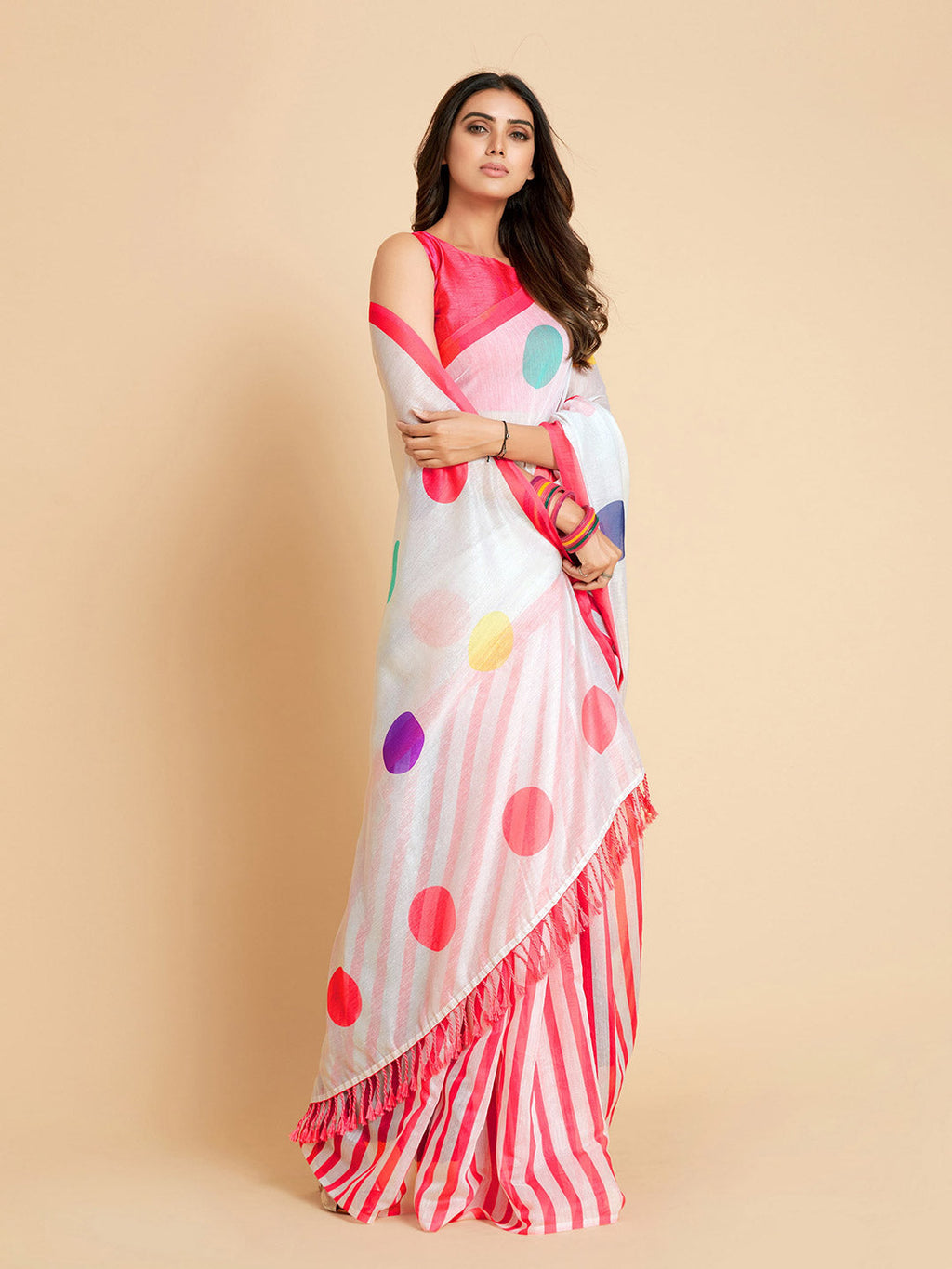 Sangria White & Pink Polka Dotted Saree | Grocsy