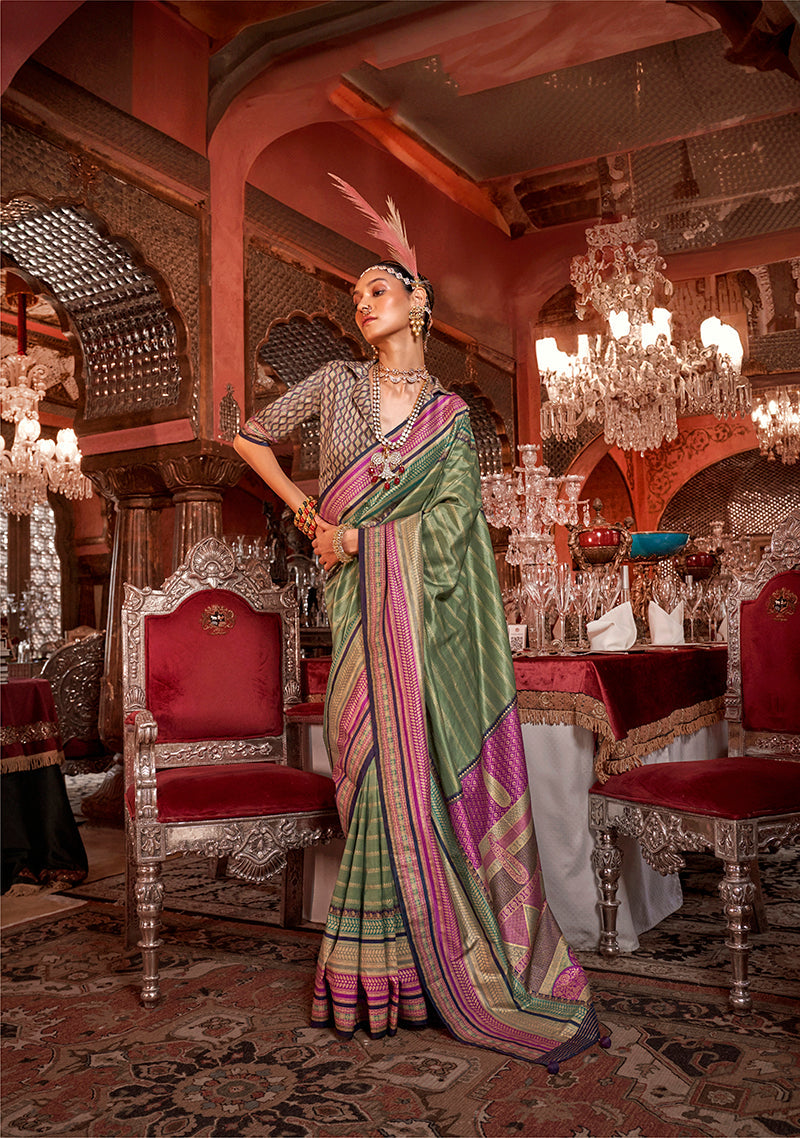 Monjolika Fashion Silk Weaving Zari Green Traditional Saree | Grocsy