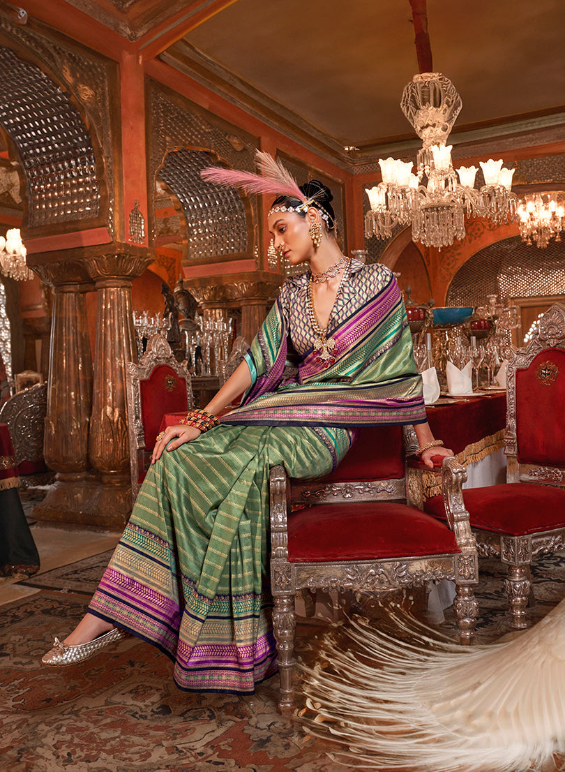 Monjolika Fashion Silk Weaving Zari Green Traditional Saree | Grocsy