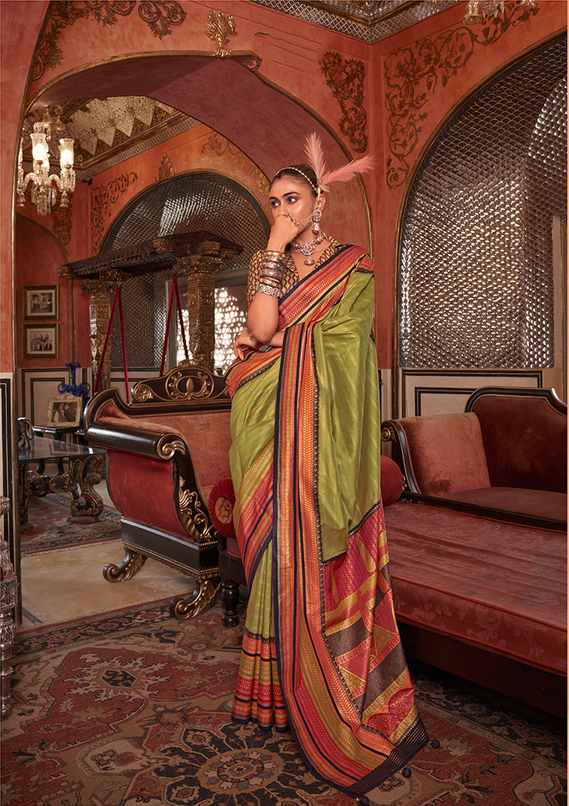 Monjolika Fashion Silk Weaving Zari Light Green Traditional Saree | Grocsy