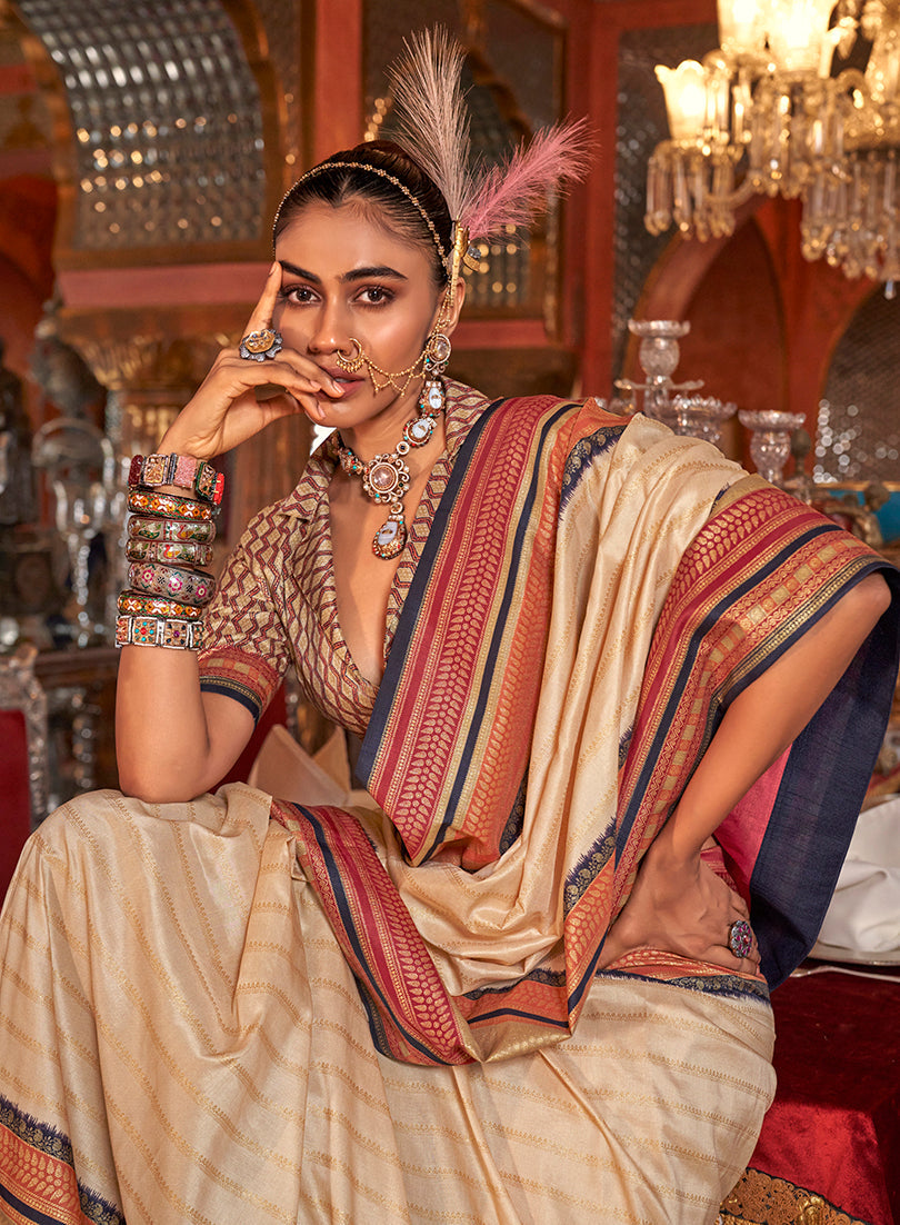 Monjolika Fashion Silk Weaving Zari Cream Traditional Saree | Grocsy