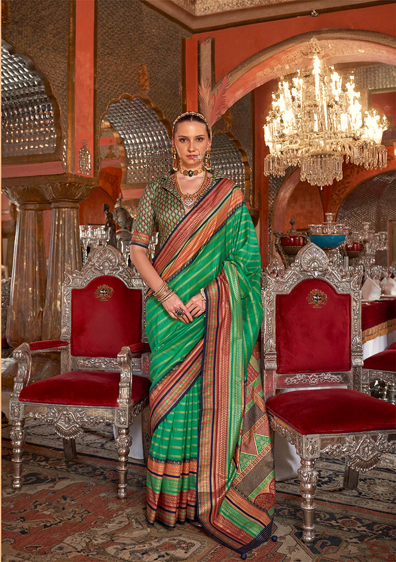 Monjolika Fashion Silk Weaving Zari Green Traditional Saree | Grocsy