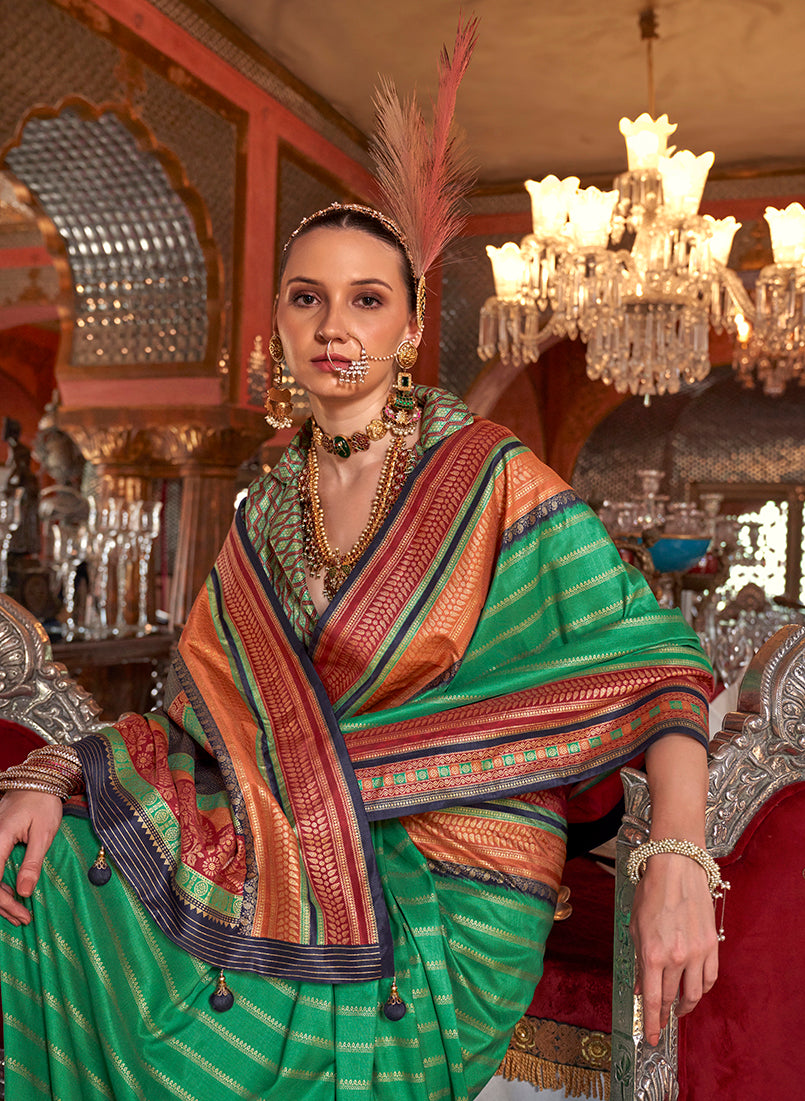 Monjolika Fashion Silk Weaving Zari Green Traditional Saree | Grocsy