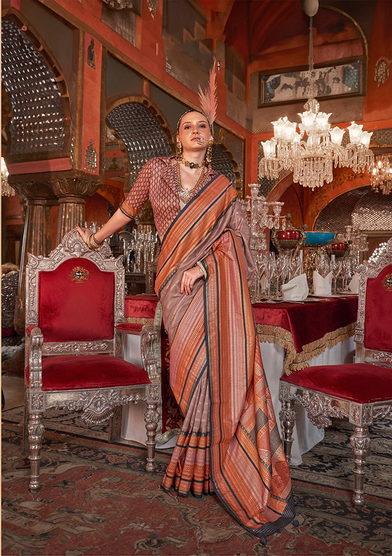 Monjolika Fashion Silk Weaving Zari Light Mauve Traditional Saree | Grocsy