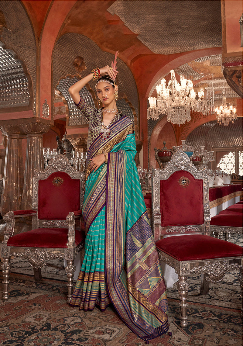Monjolika Fashion Silk Weaving Zari Turquoise Traditional Saree | Grocsy