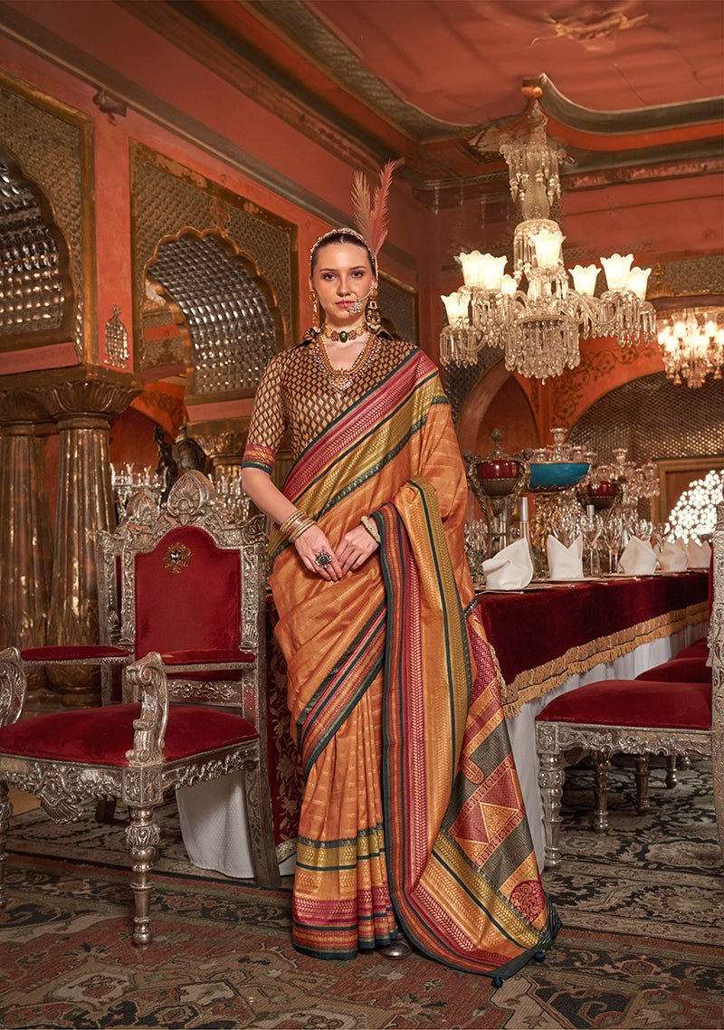 Monjolika Fashion Silk Weaving Zari Orange Traditional Saree | Grocsy