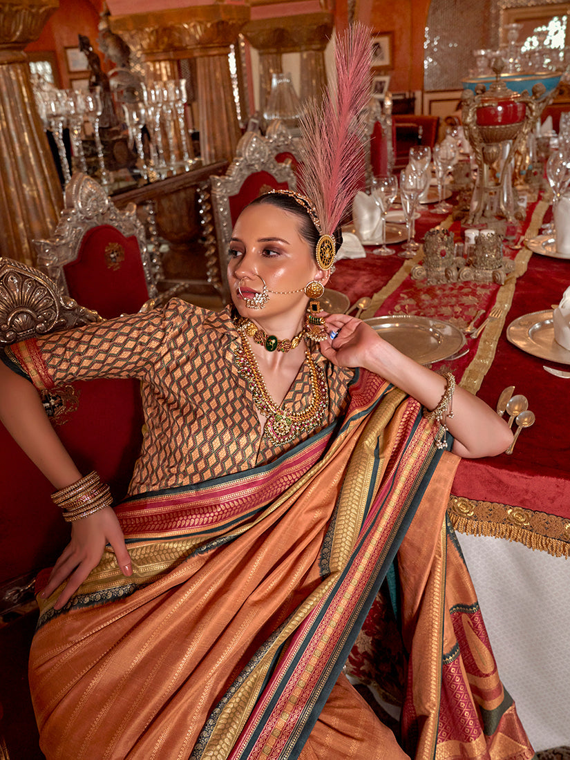 Monjolika Fashion Silk Weaving Zari Orange Traditional Saree | Grocsy