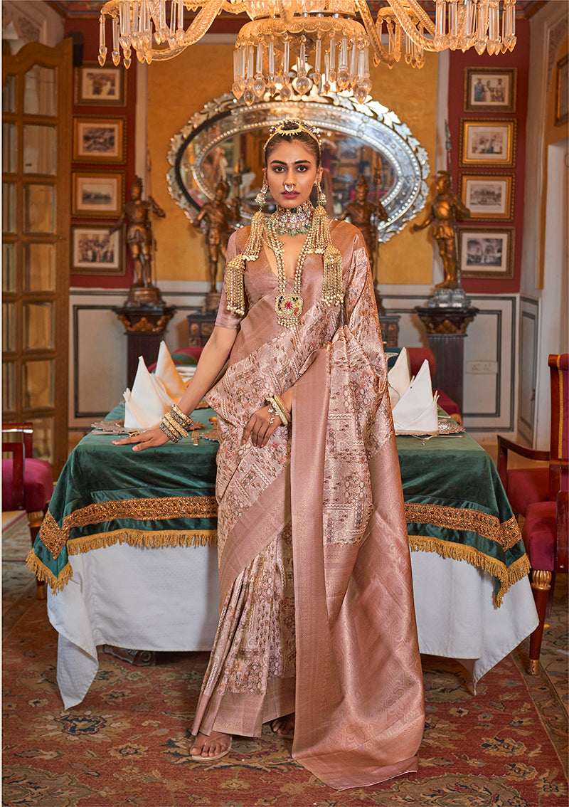 Monjolika Fashion Tussar Silk Digital Print Zari Border Light Peach Contemporary Saree | Grocsy